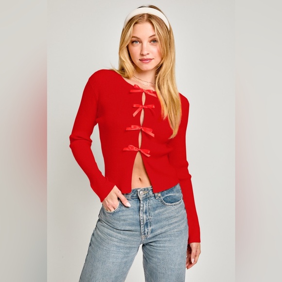 Satin Bow Cutout Knit Long Sleeve Top - Le Lis - Picture 5 of 6